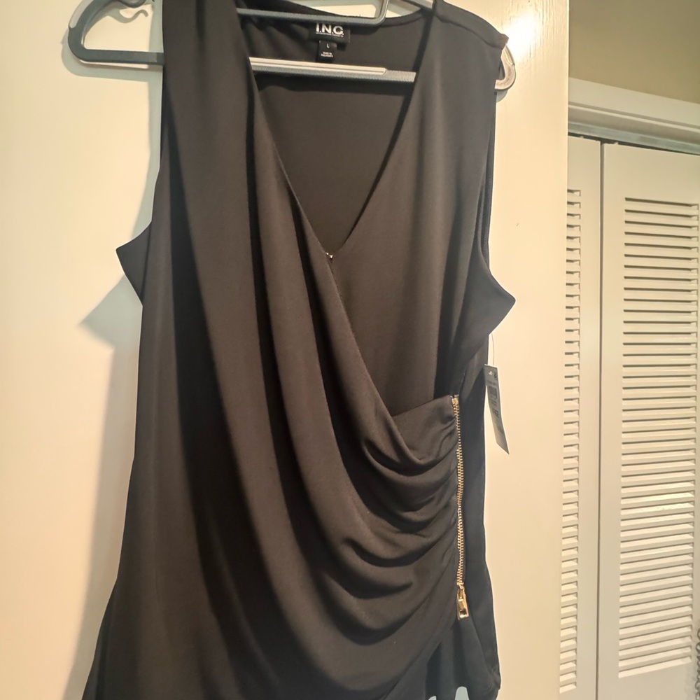 INC International Concepts Black Asymmetrical Ruched Blouse